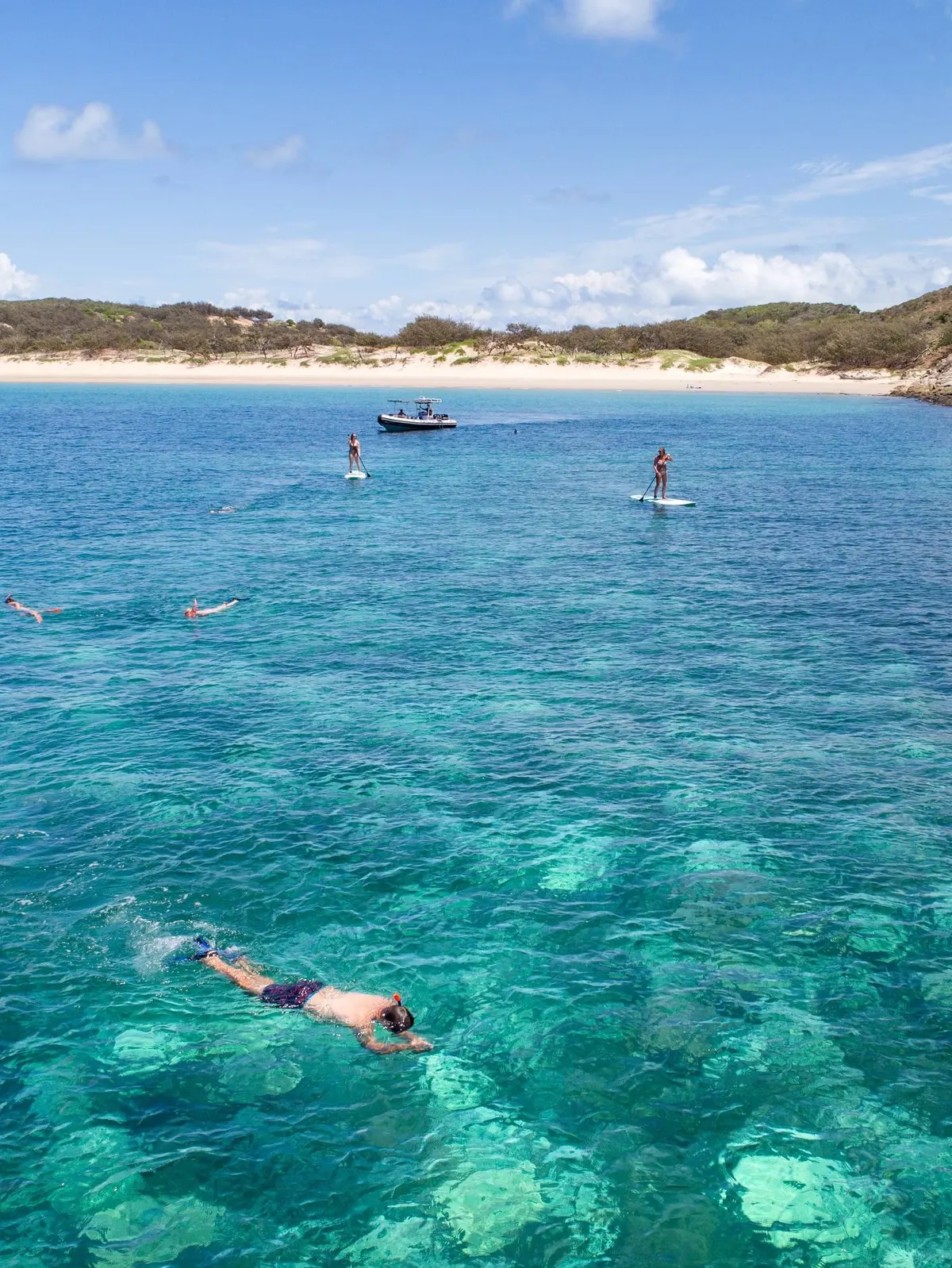 Snorkelling over the reef off Great Keppel Island, paddleboards and the tender in the bay behind