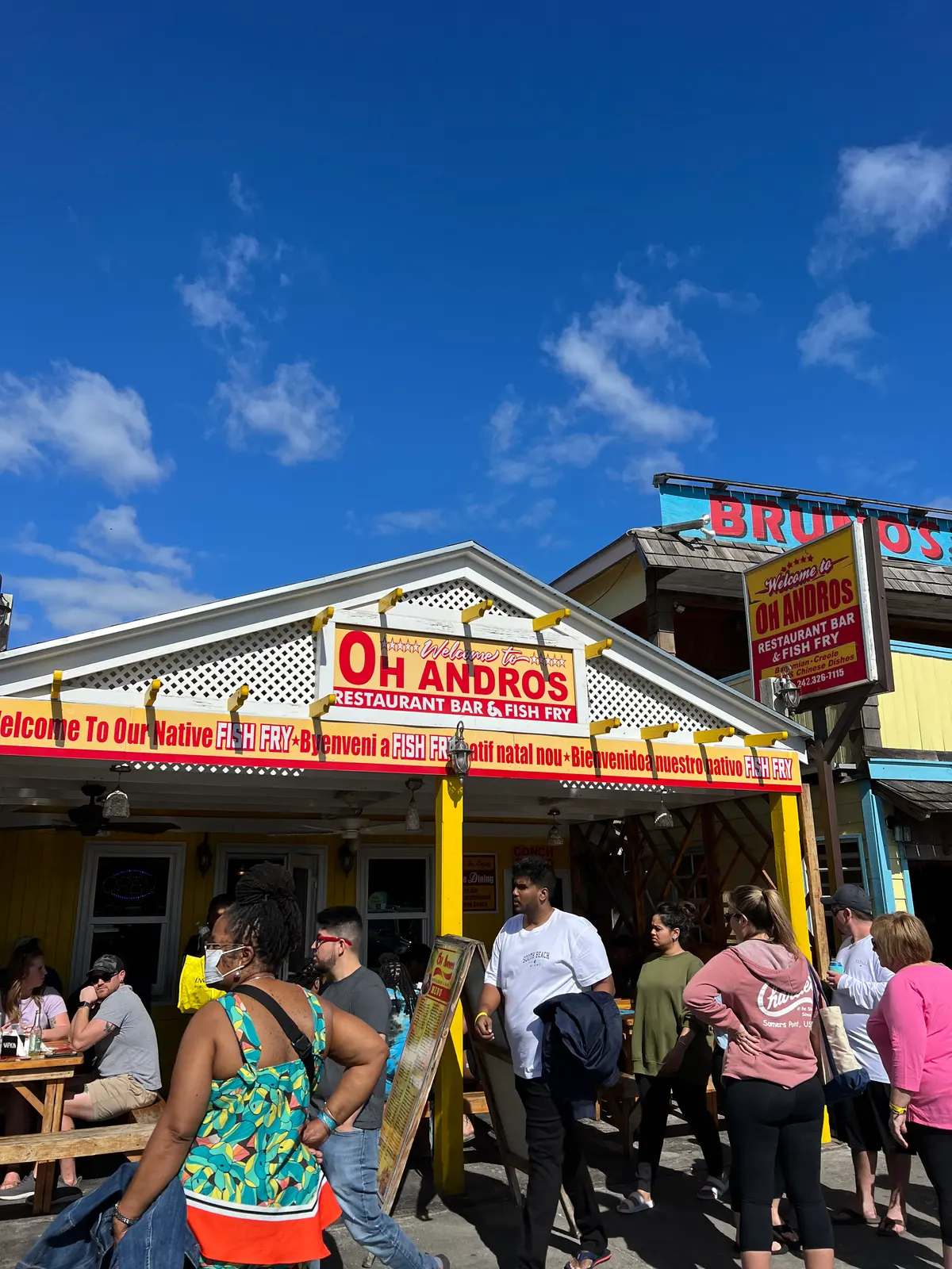 The yellow front of Oh Andros on the Fish Fry strip in Nassau