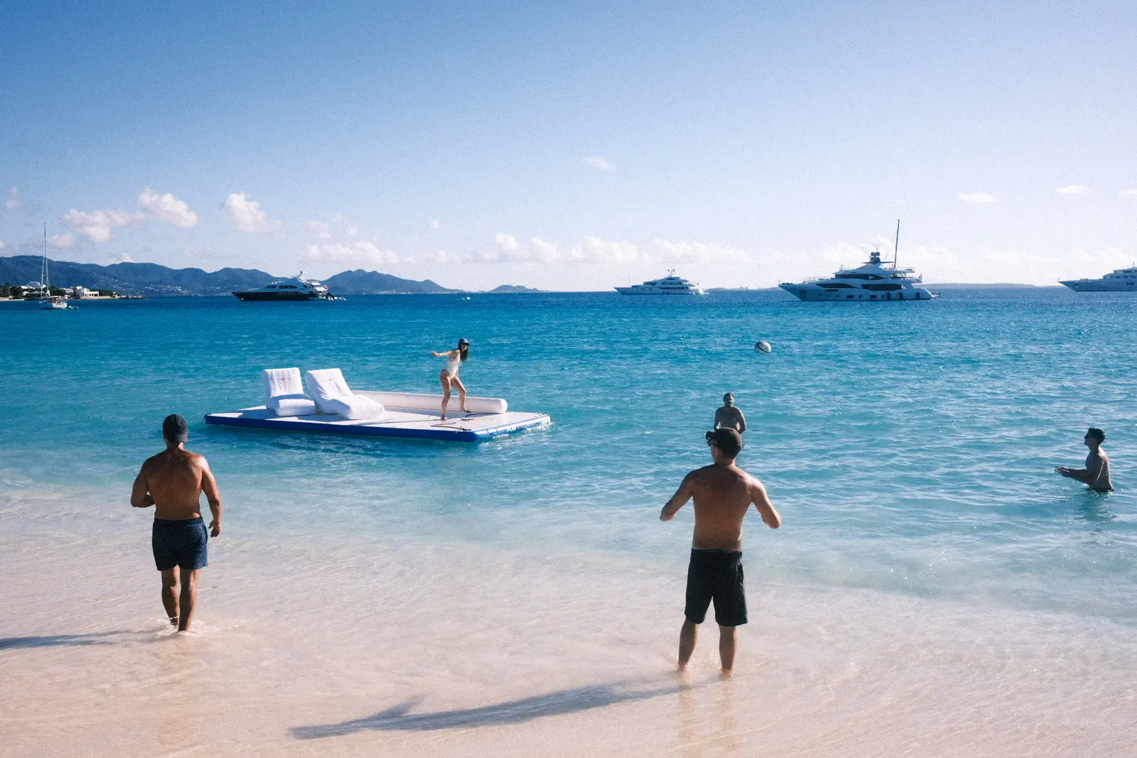 The floating platform off the beach in Anguilla, yachts anchored behind
