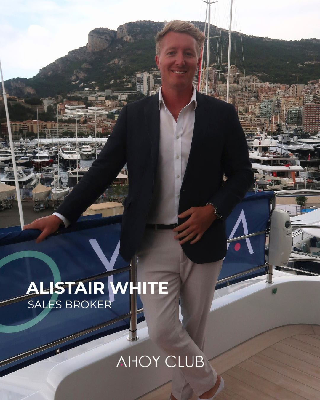 Alistair White, Sales broker, Ahoy Club, on board in Port Hercules at the Monaco Yacht Show