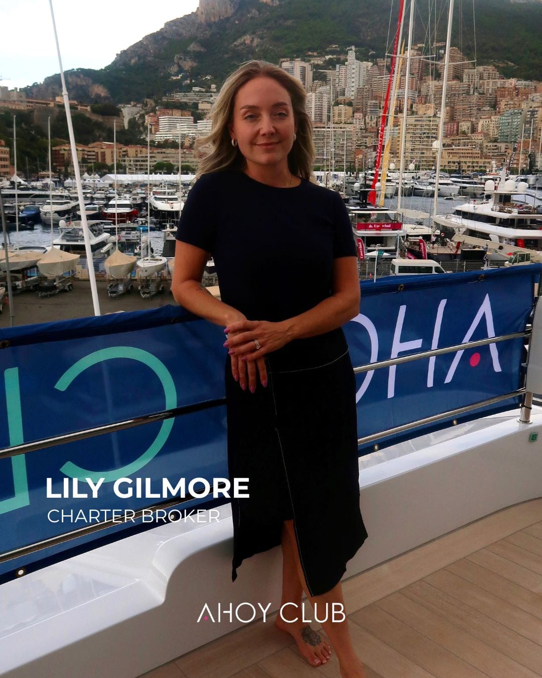 Lily Gilmore, Charter broker, Ahoy Club, on board in Port Hercules at the Monaco Yacht Show