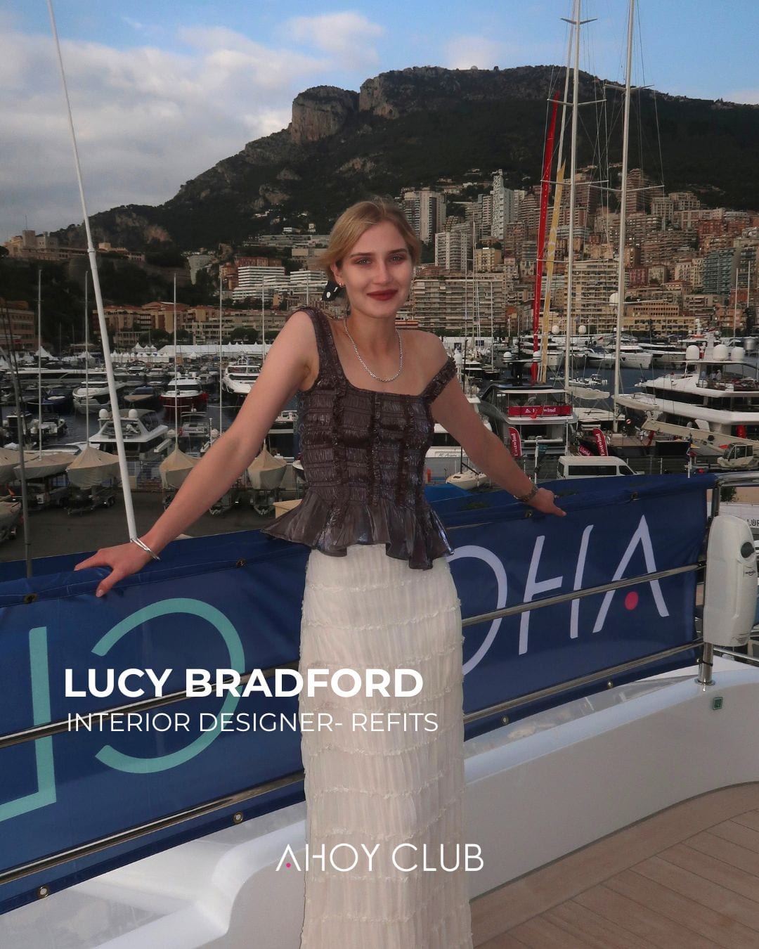 Lucy Bradford, Interior designer, refits, Ahoy Club, on board in Port Hercules at the Monaco Yacht Show