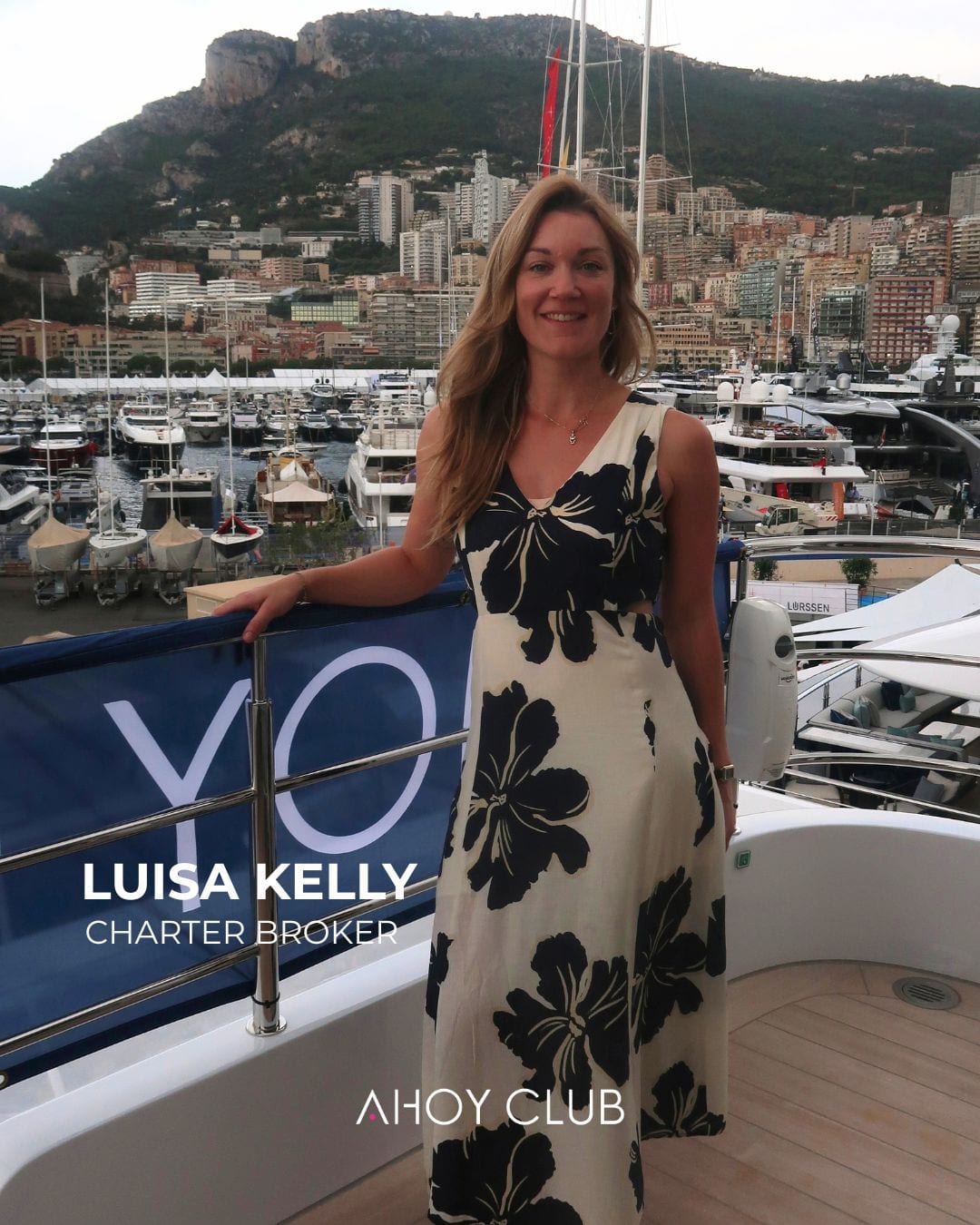Luisa Kelly, Charter broker, Ahoy Club, on board in Port Hercules at the Monaco Yacht Show