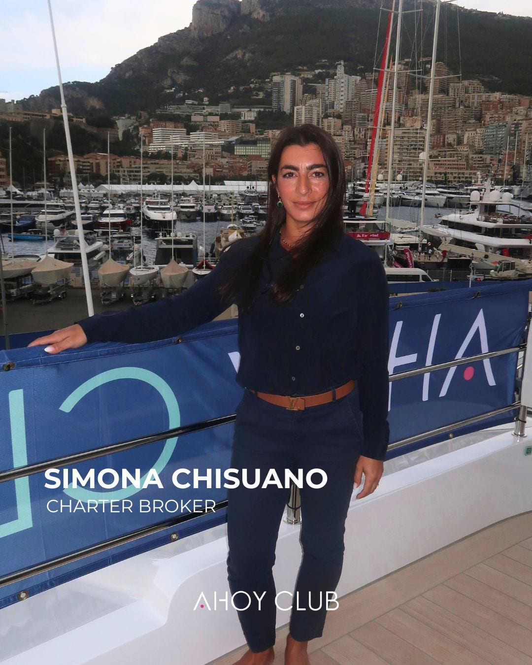 Simona Chisuano, Charter broker, Ahoy Club, on board in Port Hercules at the Monaco Yacht Show