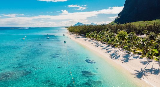 luxury beach with mountain in Mauritius. Sandy beach with palms and blue ocean. Aerial view
