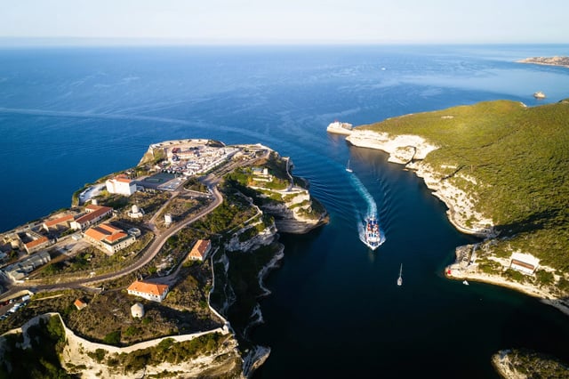 Aerial view of entrance into Bonifacio port from the sea, Corsica Island