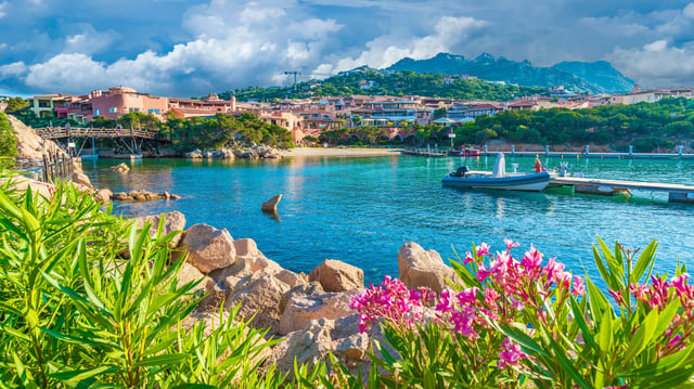 View of harbor and village Porto Cervo, Olbia Tempio region, Sardinia island, Italy