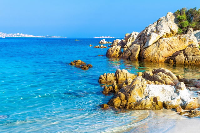 Panoramic view of the Costa Smeralda at the Tyrrhenian Sea coast in Sassari region of Sardinia, Italy