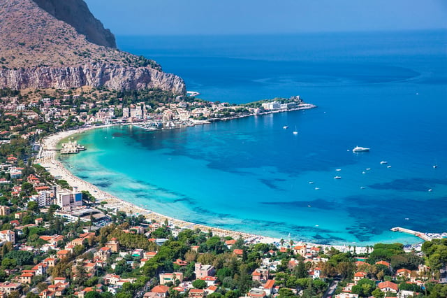 Panoramic view on Mondello white sand beach in Palermo, Sicily. Italy