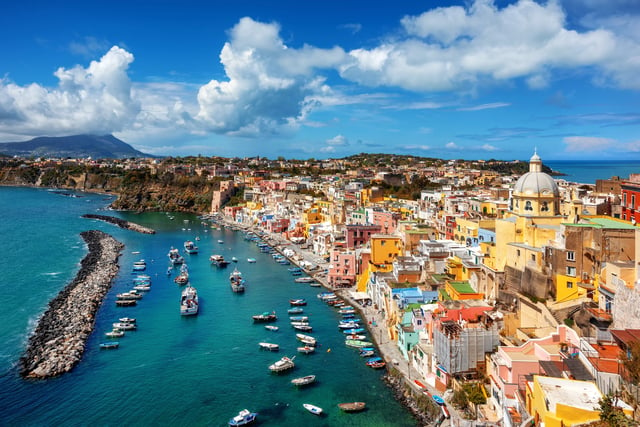 Fishermen village and port on Procida Island in Naples, Italy