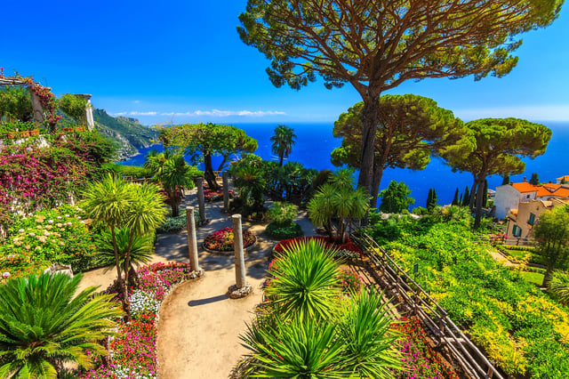 Ornamental garden with colorful flowers in Ravello, Amalfi coast, Italy