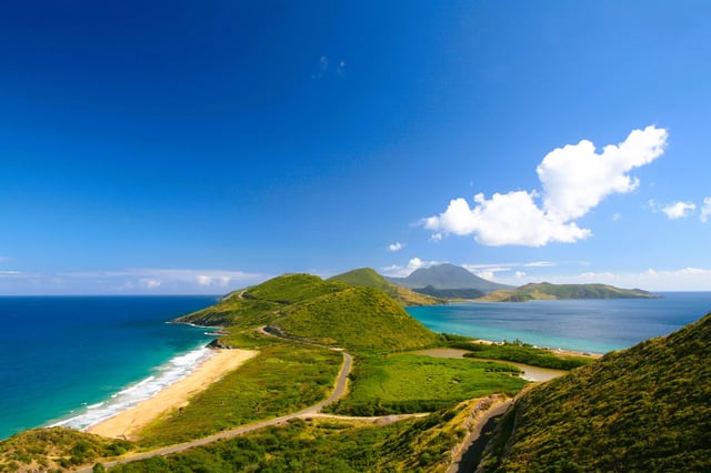 Panoramic view of the island of St. Kitts with Nevis in background