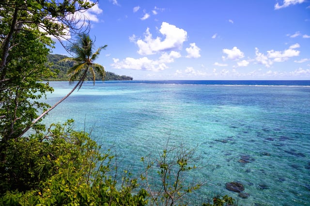 View of a lagoon protected by a coral reef, from Tetepare Island ecolodge, located in the Western Province of the Solomon Islands.