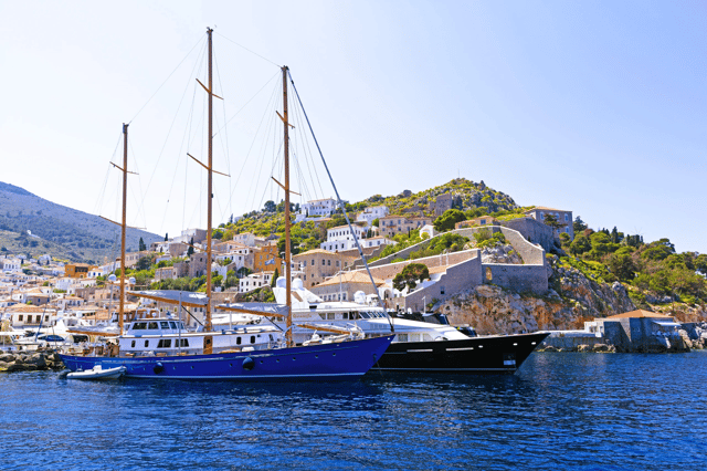 Yacht moored at the port of Hydra Island, Greece