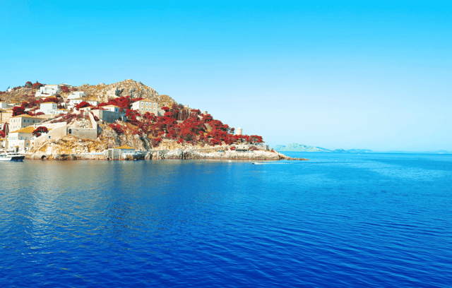 Scenic view of a coastal village in Dokos