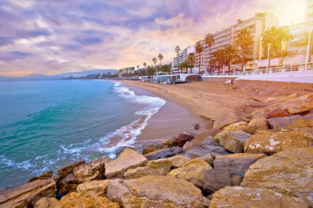 Idyllic palm waterfront and sand beach in Cannes